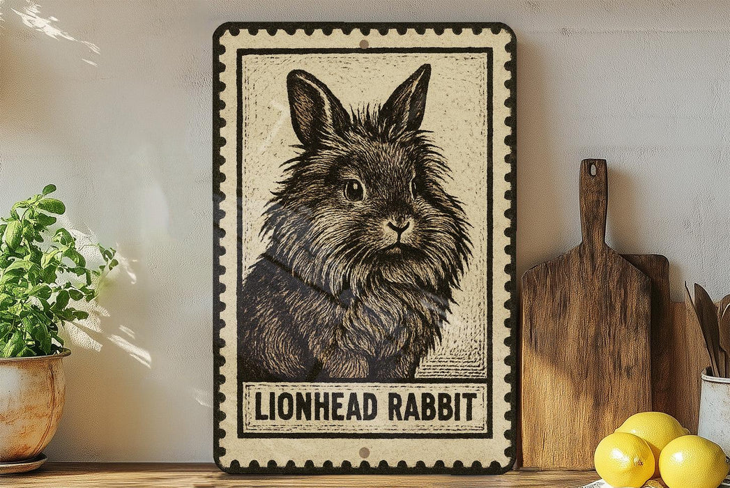 A framed illustration of a lionhead rabbit is displayed on a shelf, accompanied by a wooden cutting board, a potted plant, and some lemons.