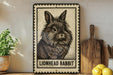 A framed illustration of a lionhead rabbit is displayed on a shelf, accompanied by a wooden cutting board, a potted plant, and some lemons.