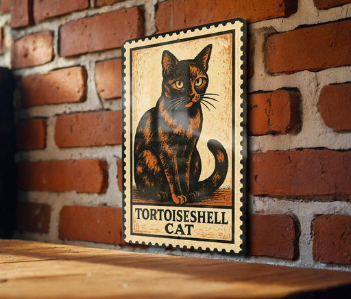 A metal sign featuring a tortoiseshell cat, mounted on a brick wall.