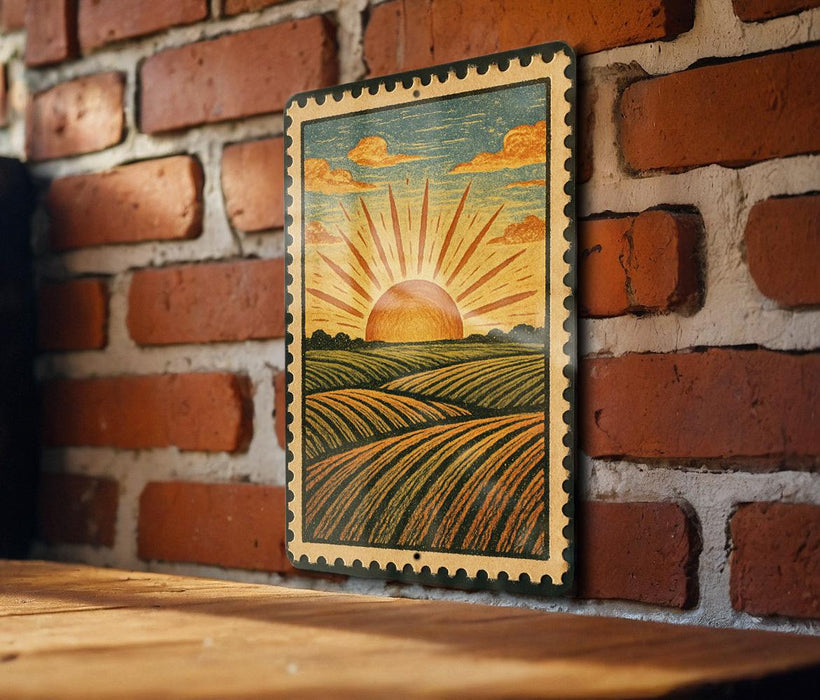 A framed illustration of a sunrise over a field is displayed on a brick wall.