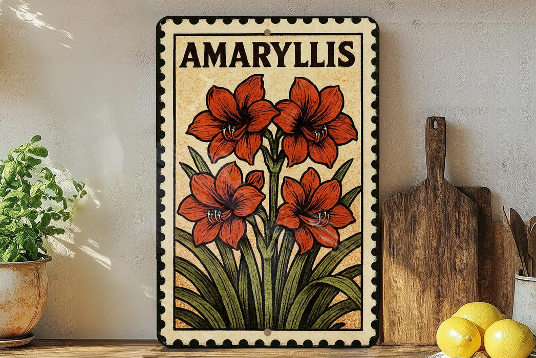 a decorative metal sign with a floral design, placed on a wooden surface next to a potted plant and a wooden cutting board.