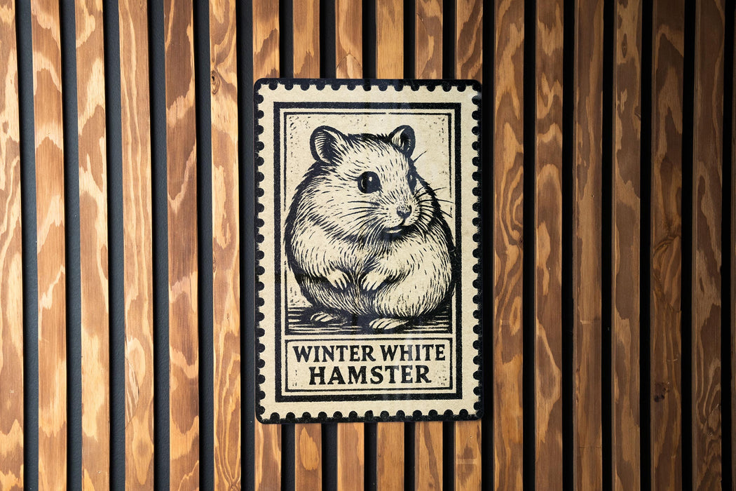 A metal stamp featuring a hamster on a wooden background.