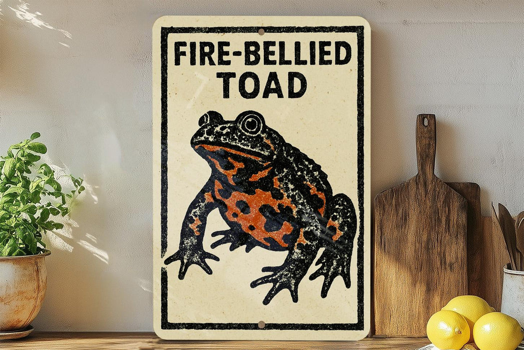 a sign with a picture of a fire-bellied toad, placed on a wooden surface next to a wooden cutting board and some lemons.