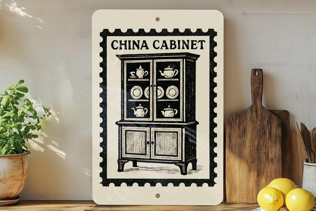 a China Cabinet sign on a shelf, surrounded by kitchen utensils and a potted plant.