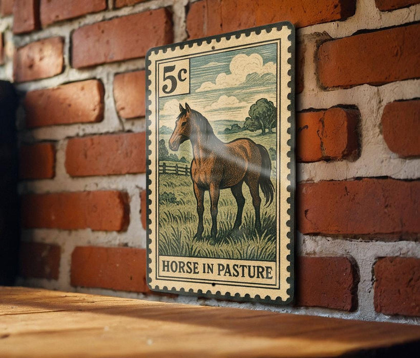 A vintage-style metal stamp depicting a horse in a pastoral setting, mounted on a brick wall.