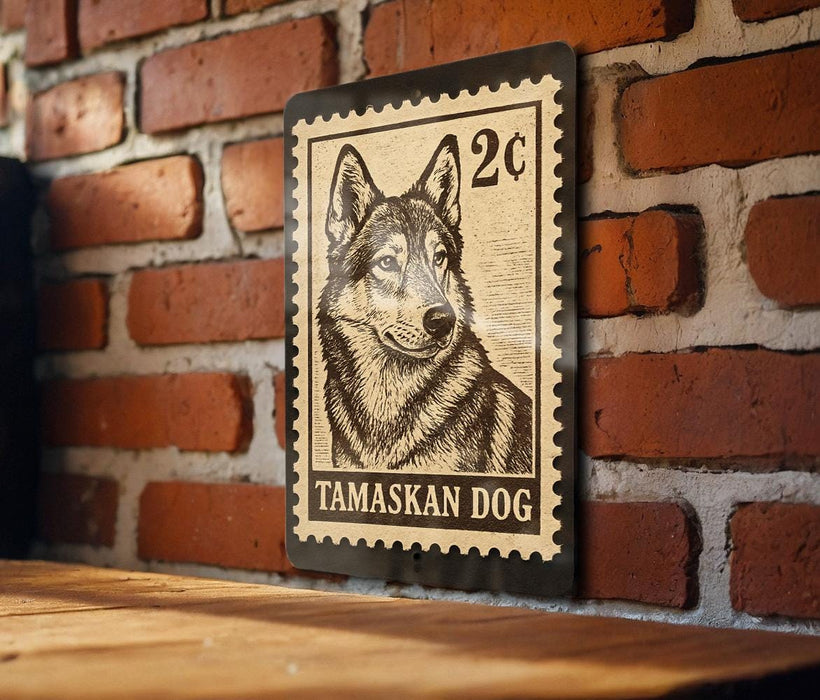 A metal stamp featuring a close-up of a dog's face, mounted on a brick wall.