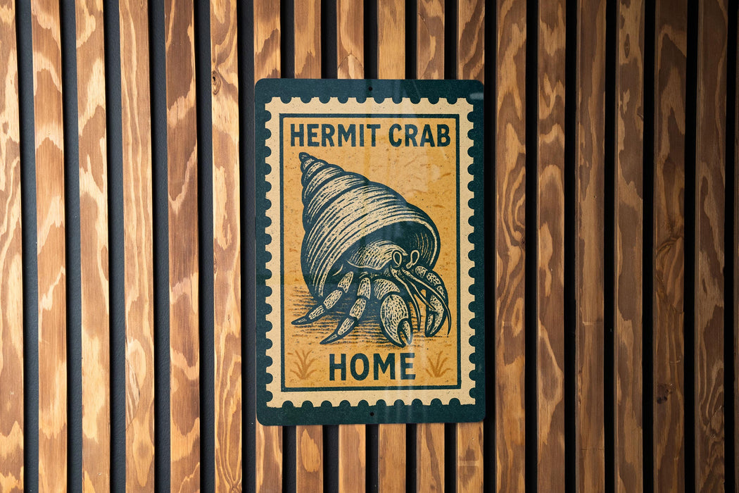 A sign with the text "HERMIT CRAB HOME" is displayed on a wooden wall.