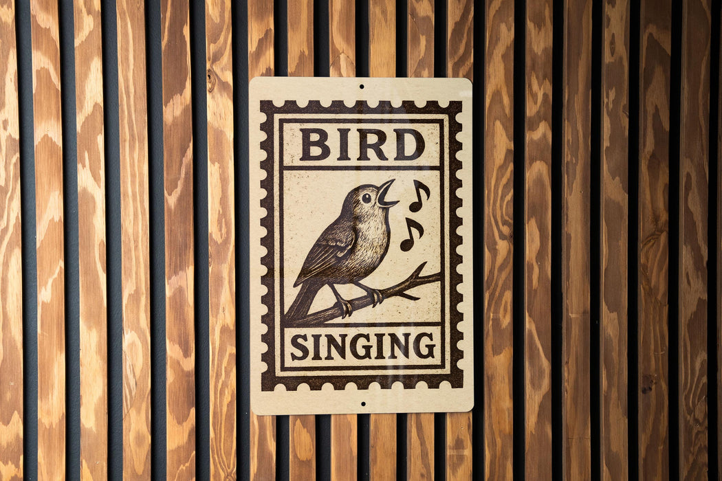 A sign that reads "BIRD SINGING" with a bird illustration and musical notes, mounted on a wooden wall.