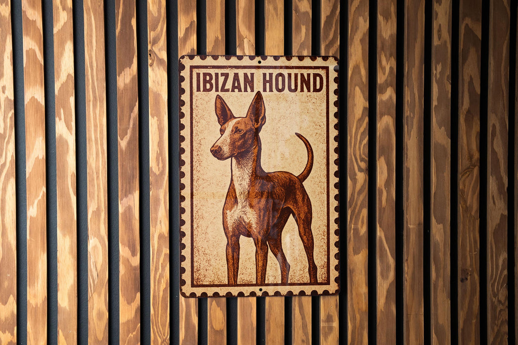 a sign with the text "IBIZAN HOUND" and an illustration of an IBIZAN hound dog.