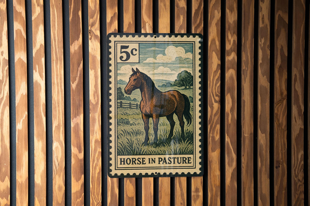 A vintage-style stamp depicting a horse in a pastoral setting, mounted on a wooden wall.