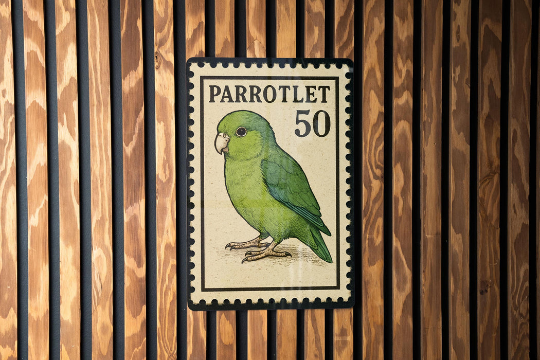 A postage stamp featuring a green parrot, with the number 50 printed on it.