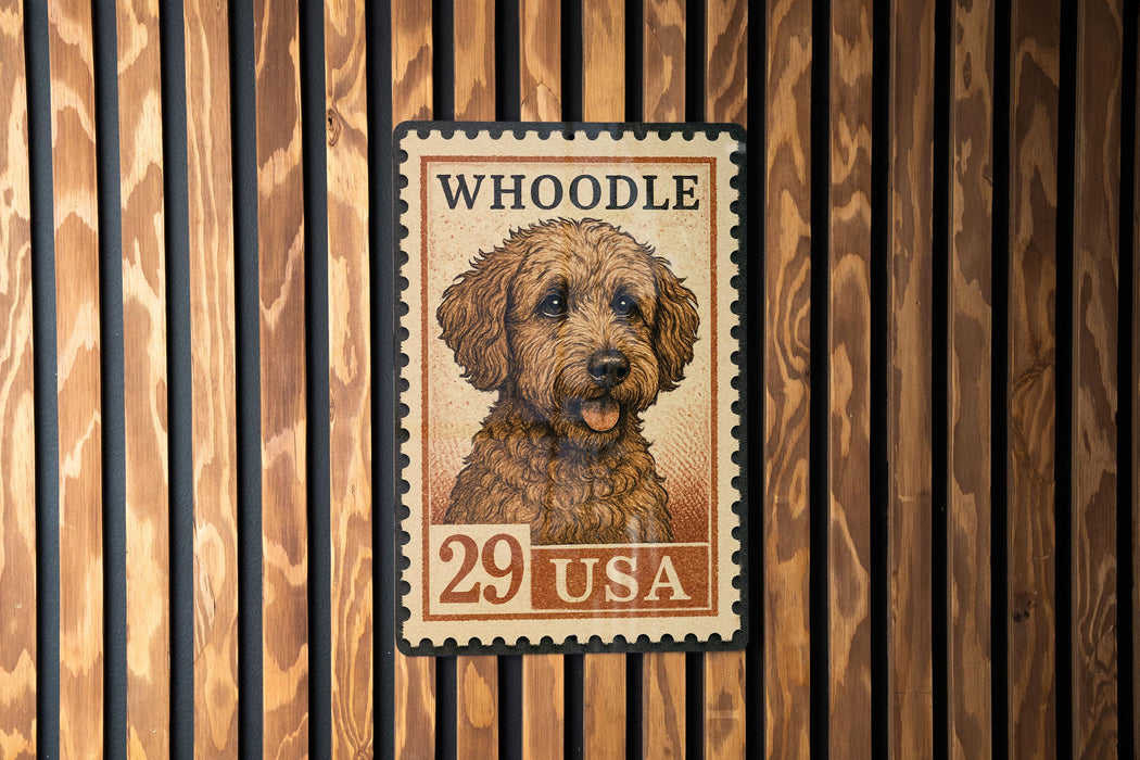 A stamp featuring a dog's head on a wooden background.
