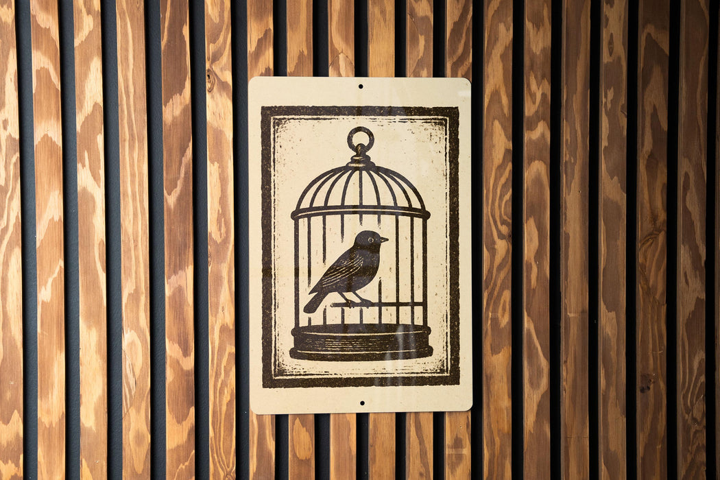 A sign with a bird inside a cage is displayed against a wooden background.