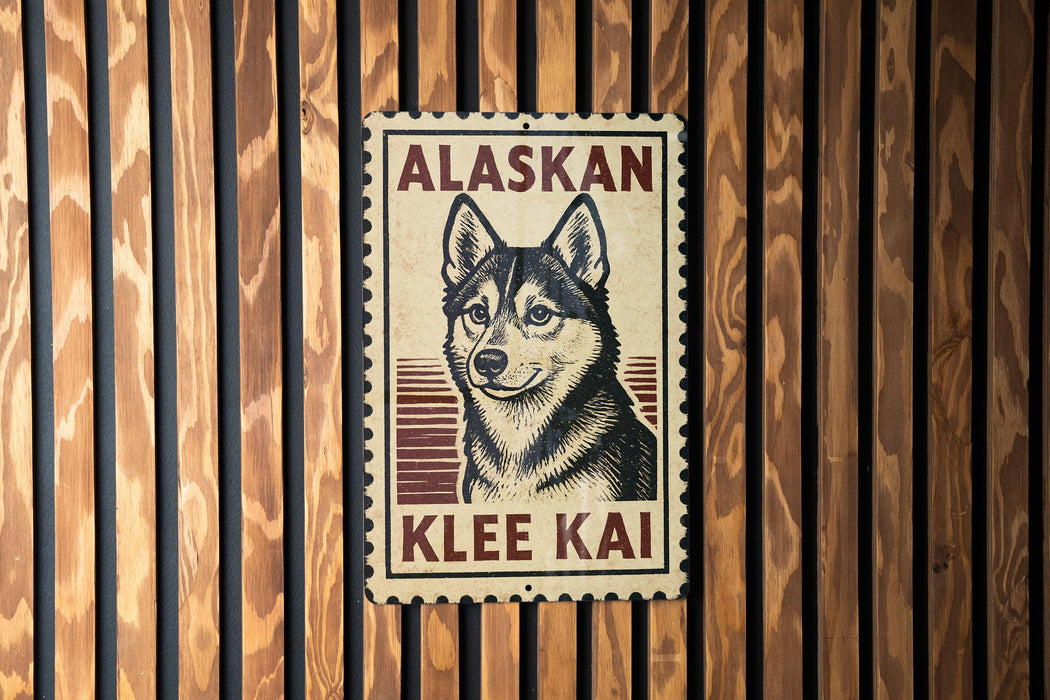 A metal sign with a dog illustration and text is mounted on a wooden wall.