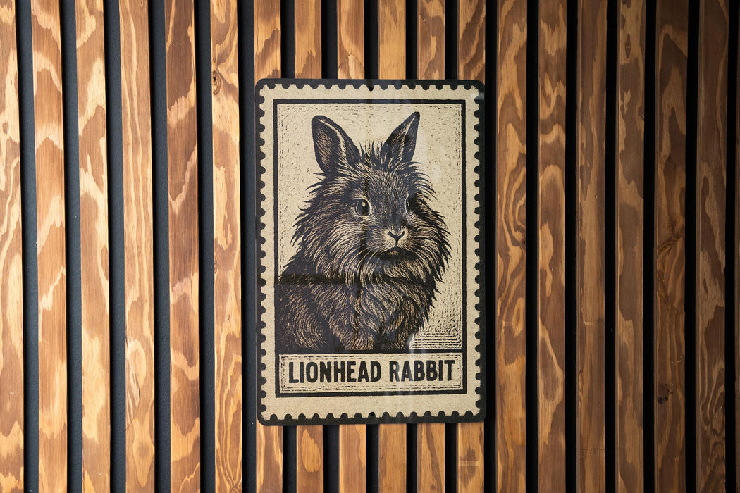 A lionhead rabbit stamp is displayed on a wooden wall.