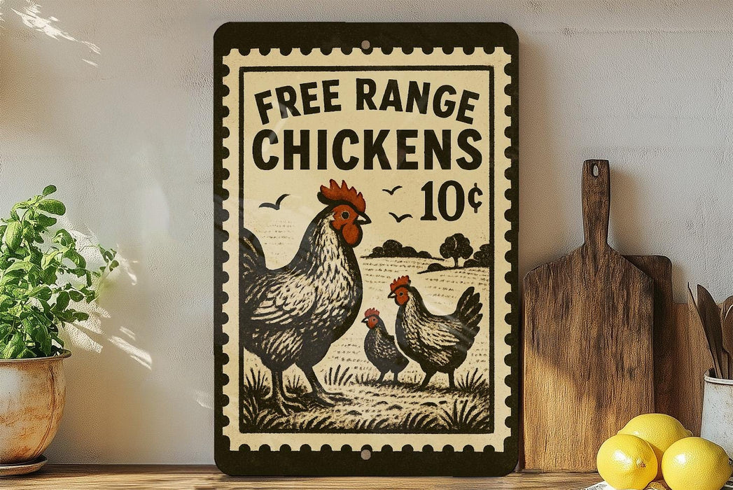 a sign advertising free range chickens for 10 cents, with a rooster and two chickens depicted on the sign.