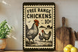 a sign advertising free range chickens for 10 cents, with a rooster and two chickens depicted on the sign.