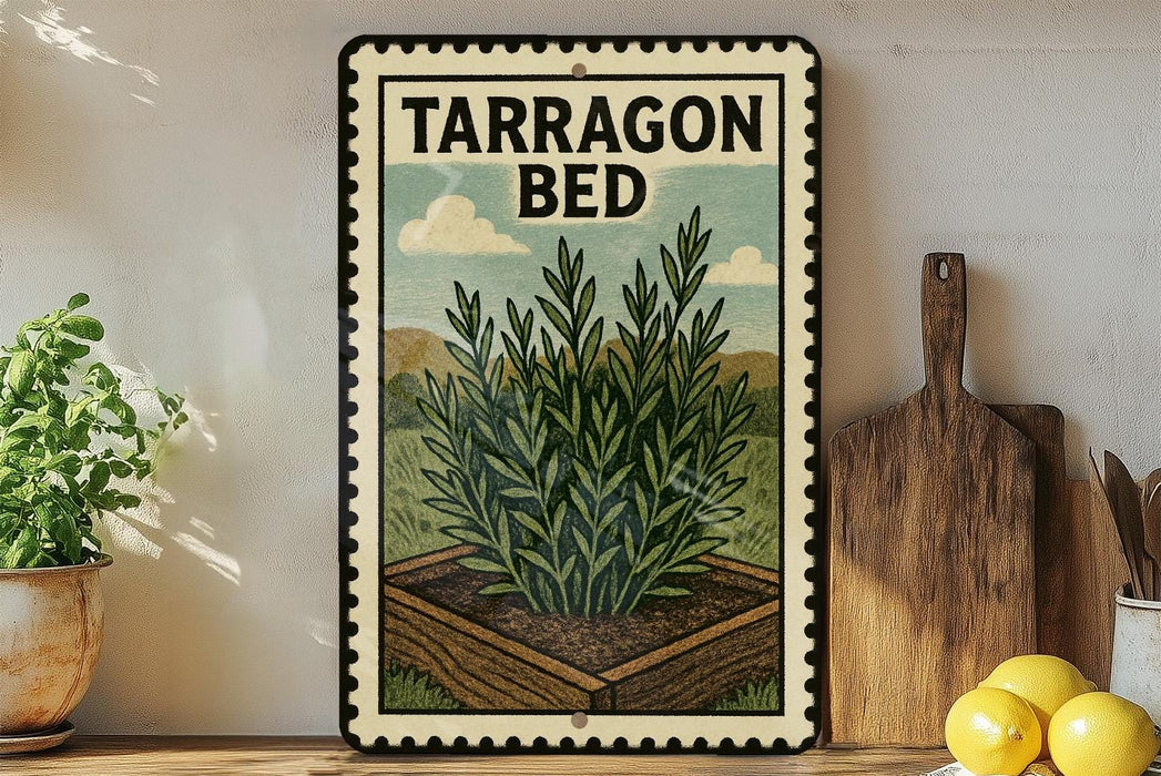 A framed illustration of a tarragon plant on a shelf, with a wooden cutting board and a lemon in the foreground.