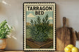 A framed illustration of a tarragon plant on a shelf, with a wooden cutting board and a lemon in the foreground.