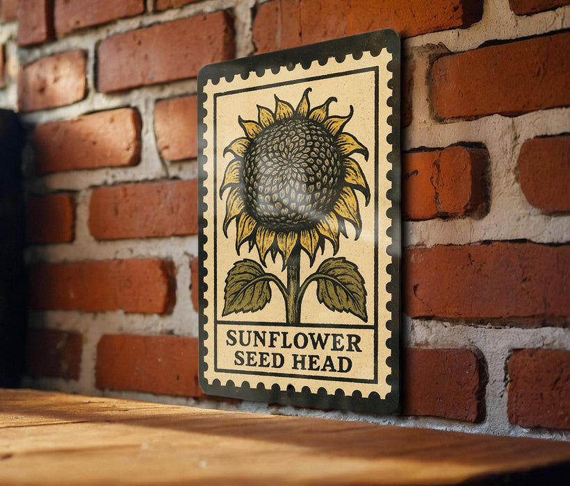 A metal sign with a sunflower illustration and the text "SUNFLOWER SEED HEAD" is displayed on a brick wall.