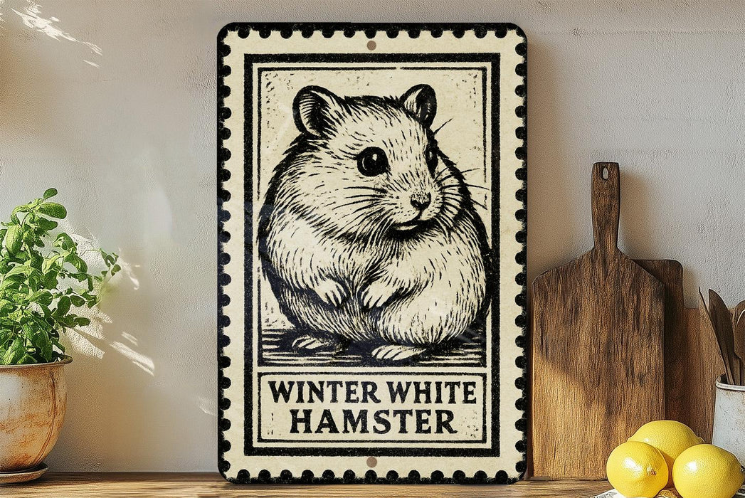 A metal sign with a black and white illustration of a hamster, accompanied by the text "WINTER WHITE HAMSTER" on a wooden shelf.