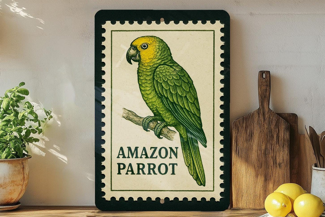 a framed illustration of a green parrot, with the text "AMAZON PARrot" printed on it. The parrot is perched on a branch, and there are some potted plants and kitchen utensils visible in the background.