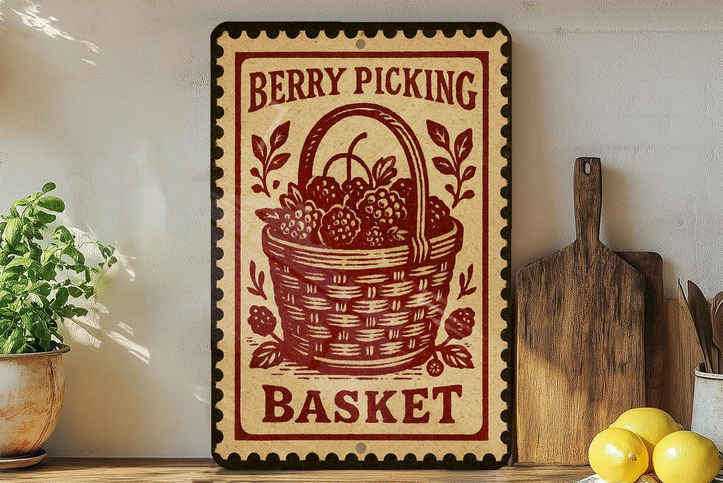 A vintage-style sign with the text "Berry Picking Basket" and an illustration of a basket filled with berries, placed on a wooden shelf next to a cutting board and a potted plant.
