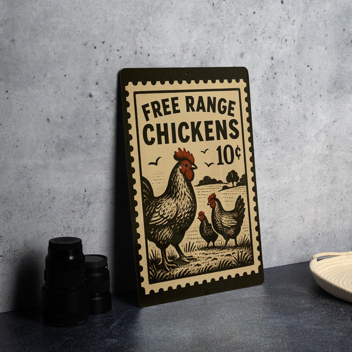a sign advertising free range chickens for 10 cents.