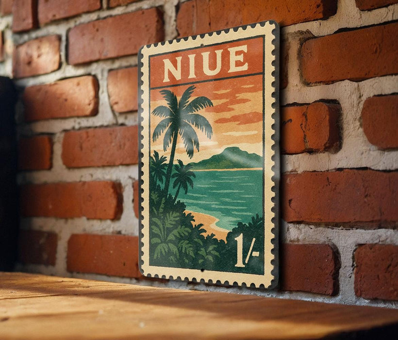 A vintage postage stamp featuring a tropical beach scene with palm trees and a sunset over the ocean.