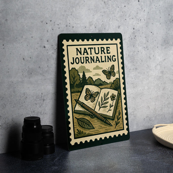 A nature-themed metal sign with a book illustration and butterflies, placed on a gray countertop next to some black camera lenses.