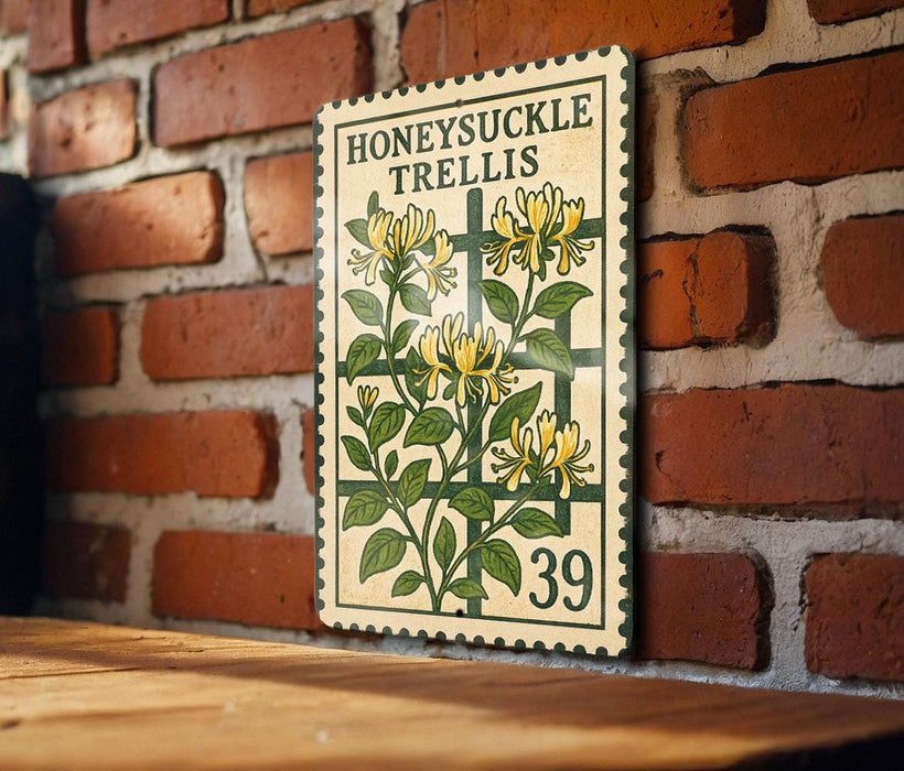 A vintage-style stamp featuring a plant with yellow flowers and green leaves, mounted on a brick wall.