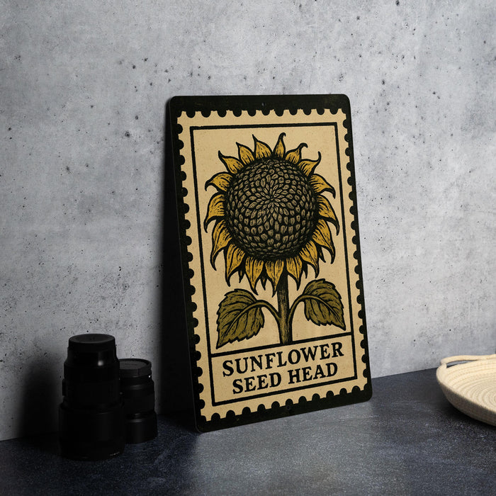 A framed illustration of a sunflower is displayed on a wall, accompanied by a small white dish and a stack of black camera lenses.
