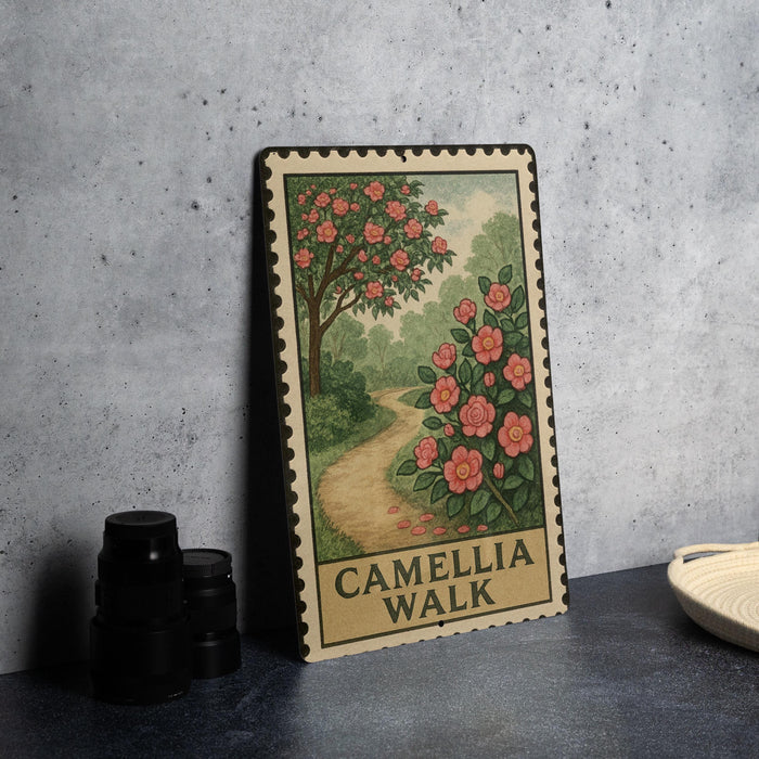 A framed illustration of a tree with pink flowers and a winding path, titled "Camellia Walk", is displayed on a gray wall.