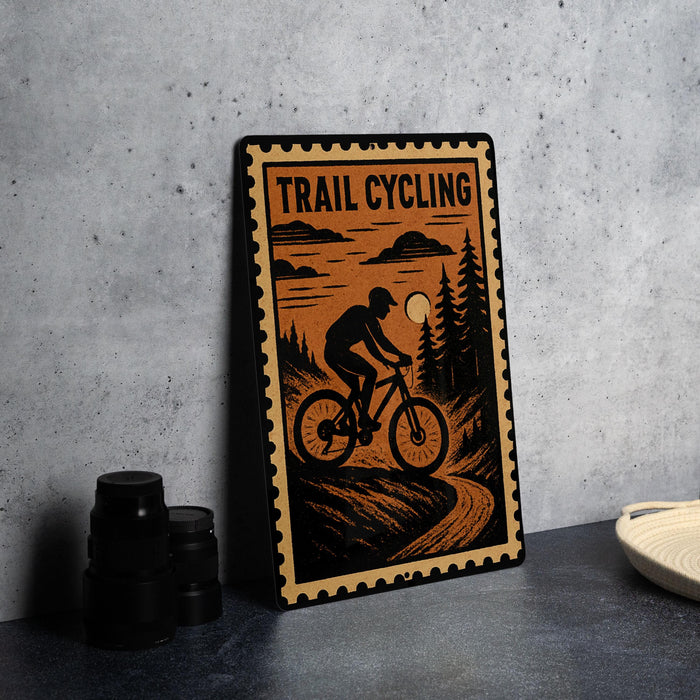 A metal sign with the text "TRAIL CYCLING" and an illustration of a person riding a bicycle on a trail.