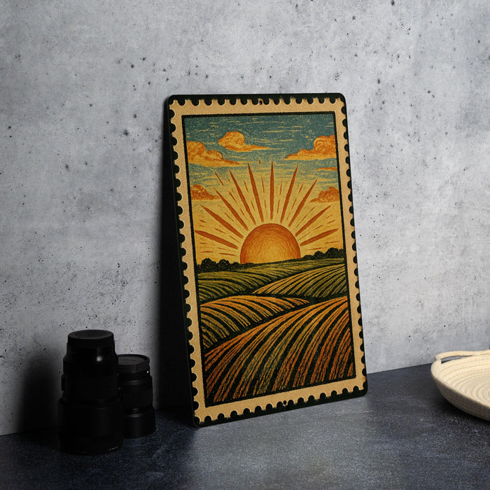 A framed illustration of a sunrise over a field is displayed on a gray wall, accompanied by a stack of black camera lenses and a white dish.