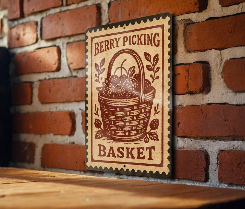 A vintage-style sign with the text "Berry Picking Basket" is displayed on a brick wall, featuring a basket filled with berries.