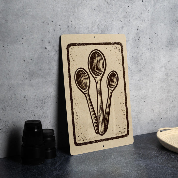 a beige sign with a black illustration of three spoons, placed on a dark surface next to a stack of black containers.