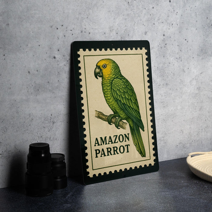 a framed poster of a parrot, specifically an Amazon parrot, sitting on a branch.
