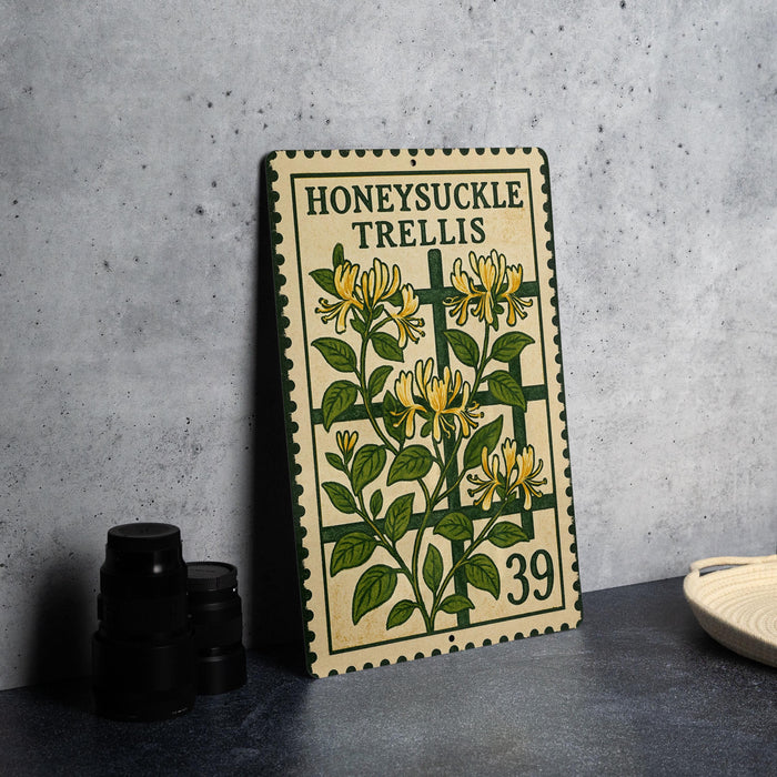 A metal sign with a floral design and the text "HONEY SUCKLE TRELLIS" is displayed on a table, accompanied by a stack of black camera lenses and a white dish.