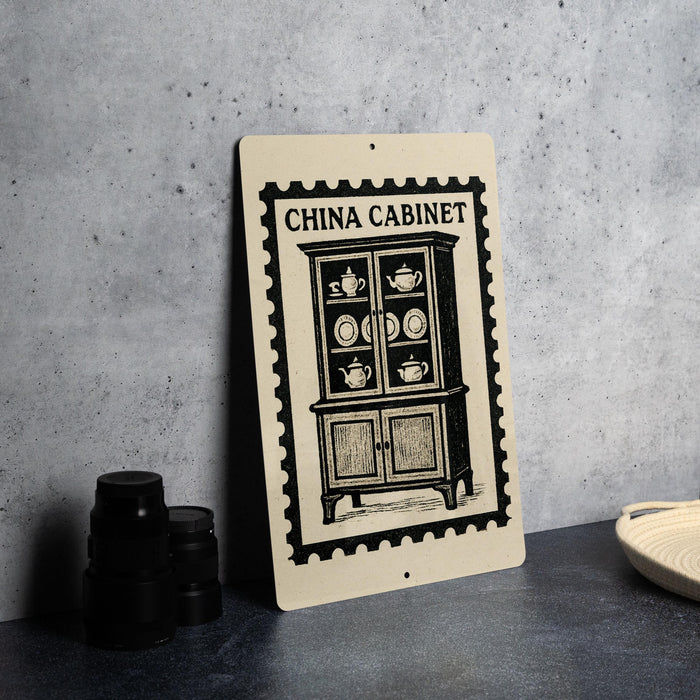a China Cabinet sign with a black and white illustration of a cabinet and various kitchen items.