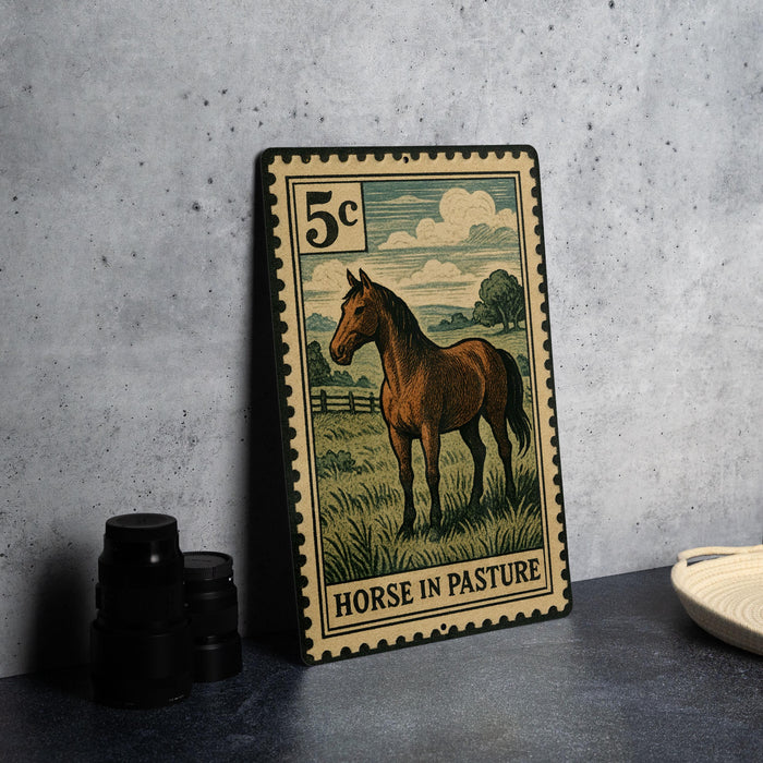 A metal stamp depicting a horse in pasture, with the text "HORSE IN PASTRU" printed on it.