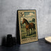 A metal stamp depicting a horse in pasture, with the text "HORSE IN PASTRU" printed on it.