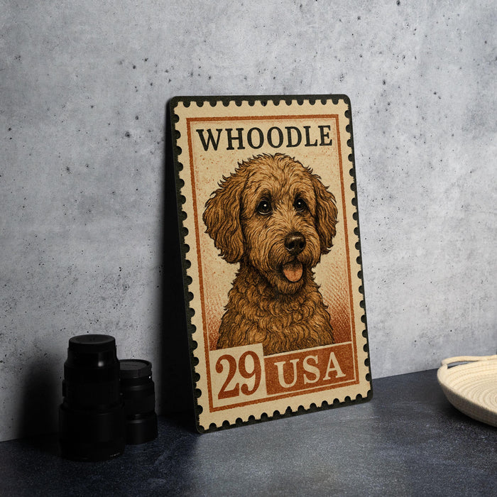 A metal stamp featuring a dog's head on a beige background, with the text "WHOODLE 29 USA" printed on it.