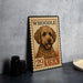 A metal stamp featuring a dog's head on a beige background, with the text "WHOODLE 29 USA" printed on it.