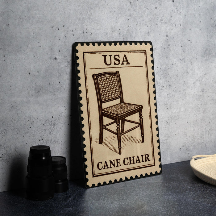 A framed image of a cane chair is displayed on a table, with a stack of black camera lenses to the left and a white woven basket to the right.