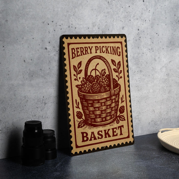A metal sign with a basket of berries and the text "Berry Picking Basket" is displayed on a table.