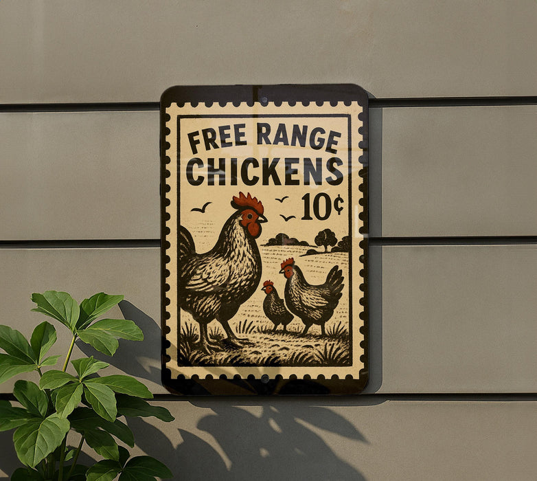 a sign advertising free range chickens for 10 cents.