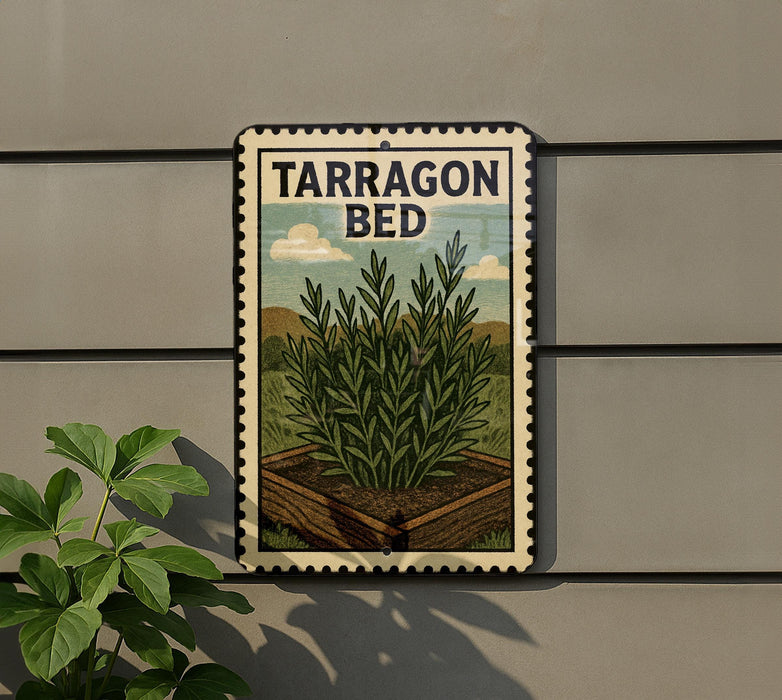 A metal sign with a vintage-style illustration of a tarragon plant, mounted on a wall.
