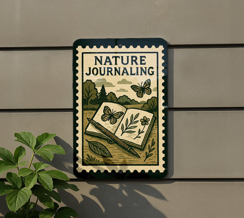 A sign with the title "NATURE JOURNALING" and an illustration of an open book with butterflies on the cover, mounted on a wall next to a plant.
