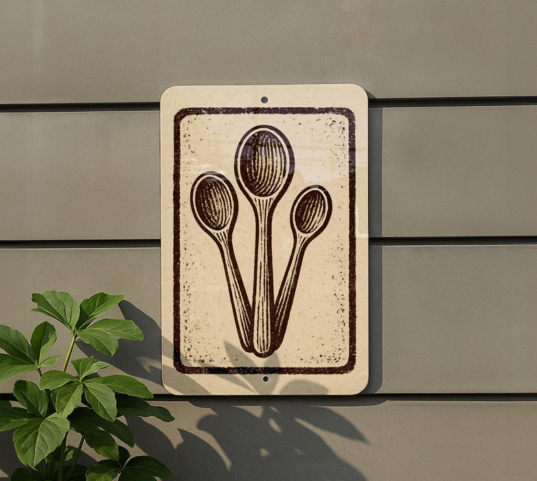 a sign with a drawing of three spoons on it, mounted on a wall next to a plant.